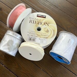 5 rolls wedding/Valentine theme wire ribbon White lace hearts ivory stripe & pnk